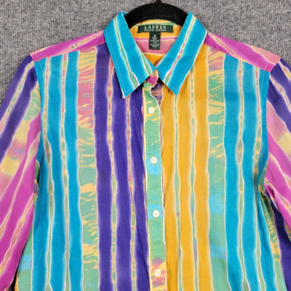 LAUREN RALPH LAUREN Rainbow Striped Button Up Top Airy Summer Pride SIZE MEDIUM - Picture 3 of 10